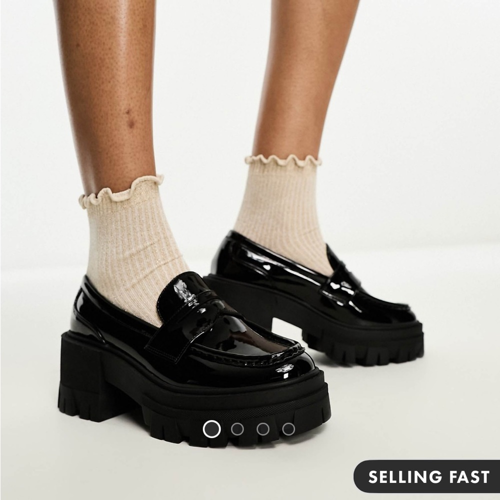 ASOS DESIGN Script chunky mid heeled loafers in Black patent